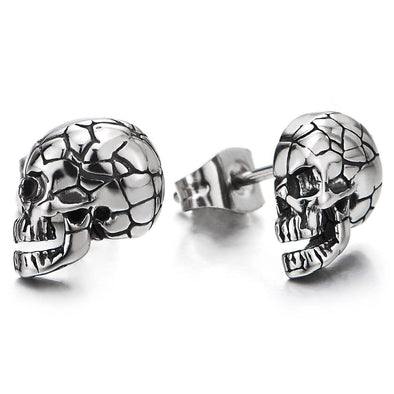 Rock Punk Gothic Stainless Steel Crack Skull Stud Earrings for Men Women, 2 pcs - COOLSTEELANDBEYOND Jewelry