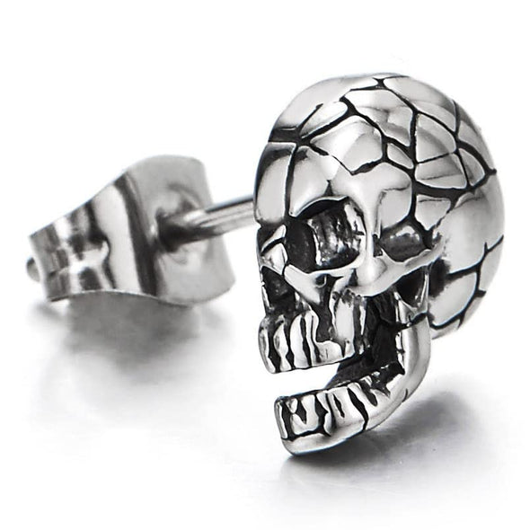 Rock Punk Gothic Stainless Steel Crack Skull Stud Earrings for Men Women, 2 pcs - COOLSTEELANDBEYOND Jewelry