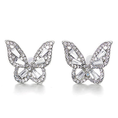 Shinny Butterfly Stud Earrings with Crystals and Rhinestones - COOLSTEELANDBEYOND Jewelry