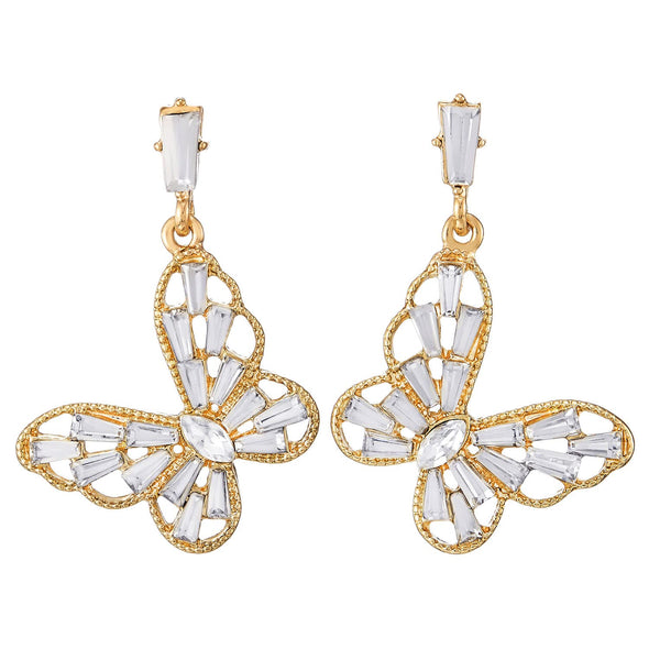 Shinny Gold Color Butterfly Statement Drop Dangle Stud Earrings with Crystals