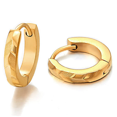 Small Laser Pattern Huggie Hinged Hoop Earrings for Men Women, Steel Gold Color - COOLSTEELANDBEYOND Jewelry