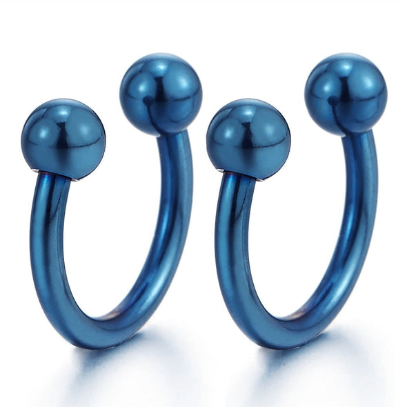Small Stainless Steel Blue Bead Half Hoop Huggie Hinged Earrings for Men Women, Screw Back, 2pcs - coolsteelandbeyond
