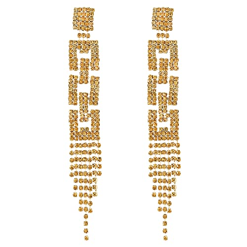 Sparkle Art Deco Champagne Rhinestone Pave Cluster Geometric Tassel Long Statement Earring Gold - COOLSTEELANDBEYOND Jewelry
