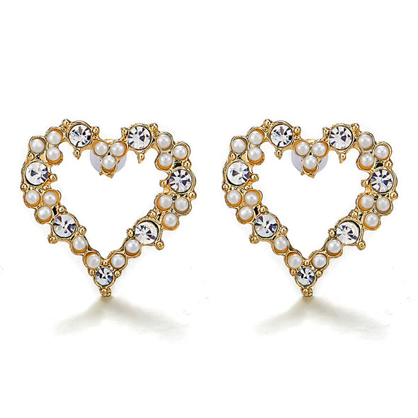 Sparkling Gold Color Wreath Heart Stud Earrings with Pearl and Rhinestone - COOLSTEELANDBEYOND Jewelry