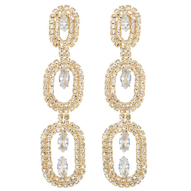 Sparkling Party Prom Banquet Crystal Rhinestone Cluster Oval Link Long Dangle Earrings Gold Color - COOLSTEELANDBEYOND Jewelry