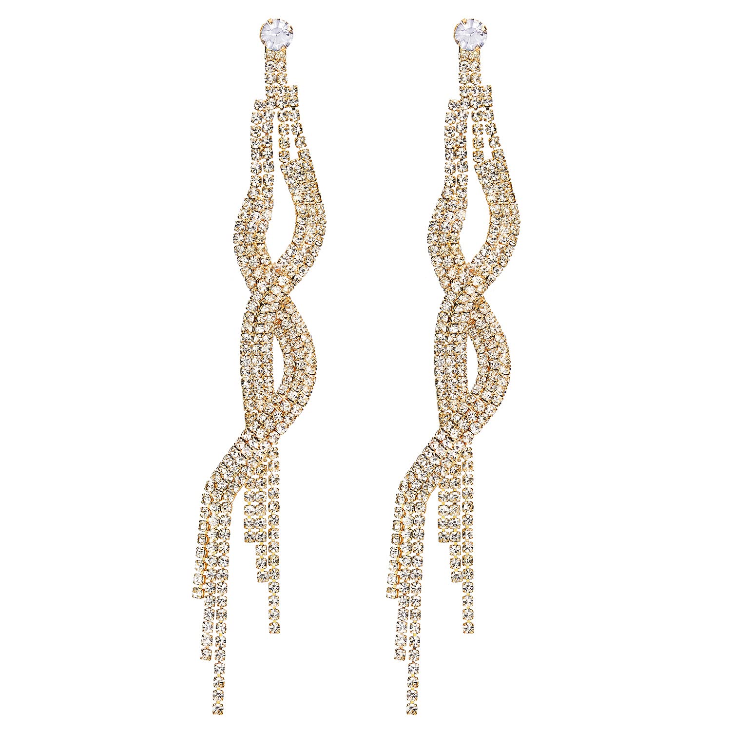 strapless open back dress Sparkling Rhinestone Cluster Rose Gold Long Dangle Tassel Earrings,