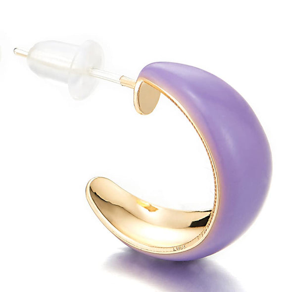 Special Rose Gold Open Circle Hoop Huggie Hinged Stud Earrings with Purple Enamel - COOLSTEELANDBEYOND Jewelry