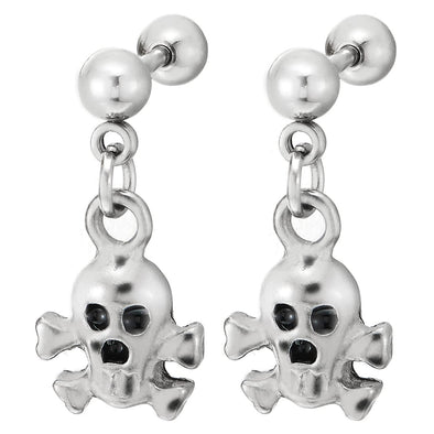 Stainless Steel Ball Barbell Stud Earrings with Dangling Vintage Pirate Skull, Men Women, Screw Back - COOLSTEELANDBEYOND Jewelry