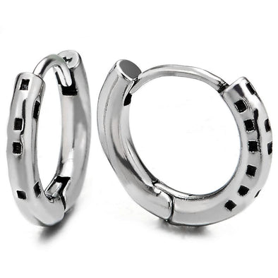 Stainless Steel Black Dotted Circle Huggie Hinged Hoop Earrings for Men Women, 2pcs - COOLSTEELANDBEYOND Jewelry