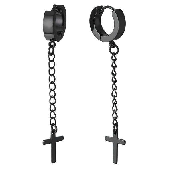 Stainless Steel Black Huggie Hinged Hoop Earrings with Long Chain Dangling Cross Unisex Men Women