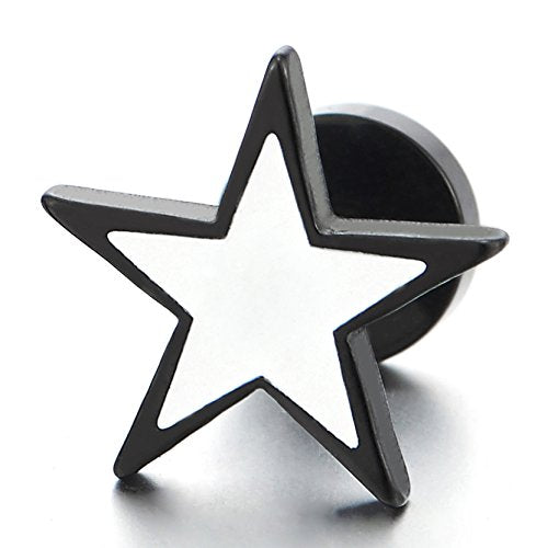 Stainless Steel Black White Stars Pentagram Stud Earrings for Men Women, Screw Back, 1 Pair - coolsteelandbeyond