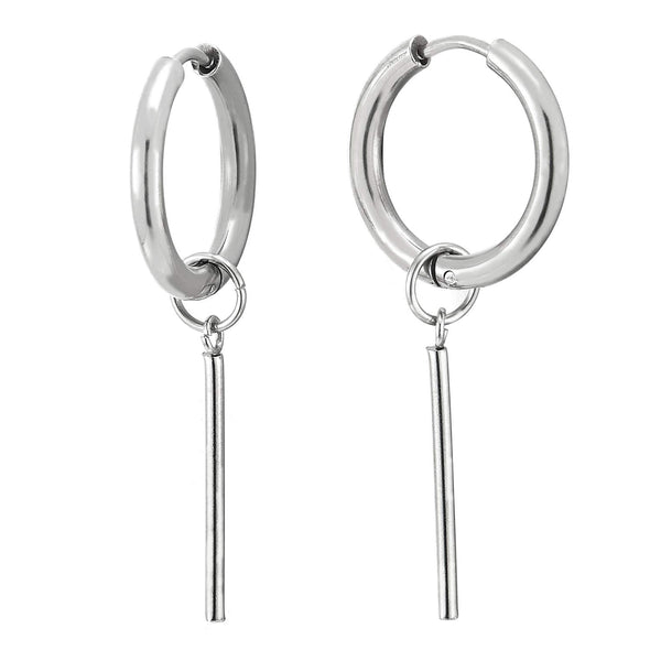 Stainless Steel Circle Huggie Hinged Hoop Earrings with Dangle Stick Charm for Men Women, 2pcs - COOLSTEELANDBEYOND Jewelry