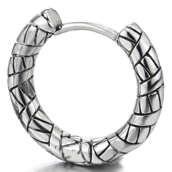 Stainless Steel Grooved Circle Huggie Hinged Hoop Earrings for Men Women, 2pcs - COOLSTEELANDBEYOND Jewelry