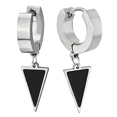 Stainless Steel Huggie Hinged Earrings Dangling Inverted Triangle with Black Enamel, Men Women, 2pcs - COOLSTEELANDBEYOND Jewelry