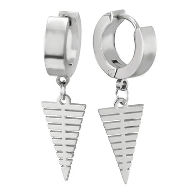 Stainless Steel Huggie Hinged Earrings with Dangling Hollow Striped Triangle, Men Women, Polished - COOLSTEELANDBEYOND Jewelry