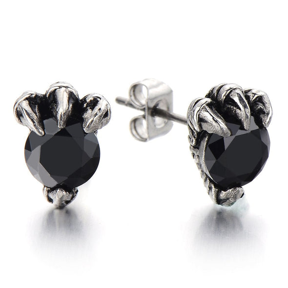Stainless Steel Mens Dragon Claw Stud Earrings with 6mm Black Cubic Zirconia, 2pcs - COOLSTEELANDBEYOND Jewelry