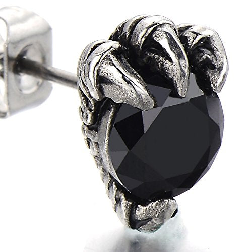 Stainless Steel Mens Dragon Claw Stud Earrings with 6mm Black Cubic Zirconia, 2pcs - COOLSTEELANDBEYOND Jewelry