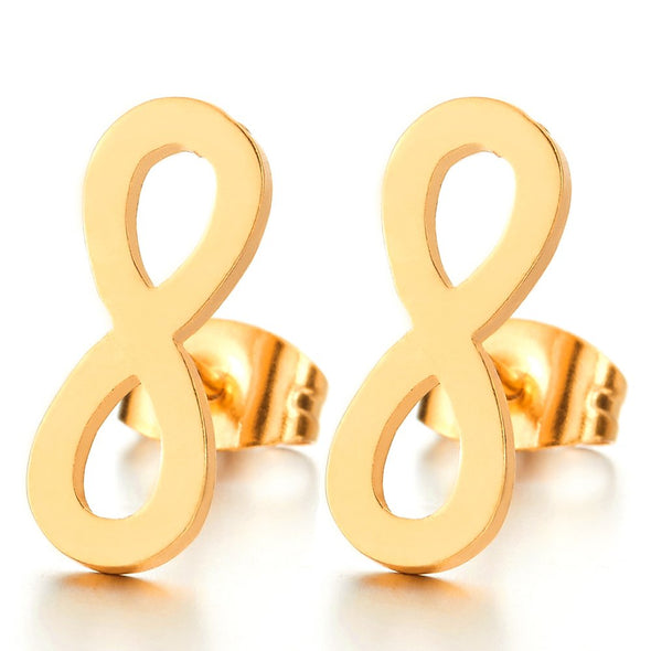 Stainless Steel Mens Womens Gold Color Friendship Infinity Love Number 8 Stud Earrings, 2pcs - COOLSTEELANDBEYOND Jewelry