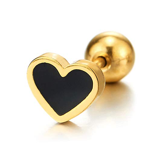 Stainless Steel Pair Womens Tiny Gold Color Flat Heart Stud Earrings with Black Enamel, Screw Back - COOLSTEELANDBEYOND Jewelry