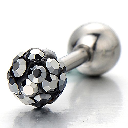 Stainless Steel Womens Mens Ball Stud Earrings Screw Back with Black Cubic Zirconia, 2pcs - COOLSTEELANDBEYOND Jewelry