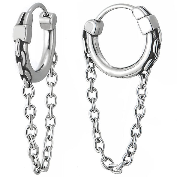 Steel Chain Wreath Huggie Hinged Hoop Earrings with Dangling Chain, Mens Womens - COOLSTEELANDBEYOND Jewelry