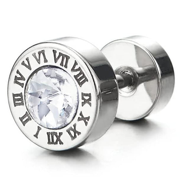 Steel Circle Fake Plugs Ear Cheater Tunnel Gauges Earrings with Roman Numeral and CZ 2 pcs - COOLSTEELANDBEYOND Jewelry