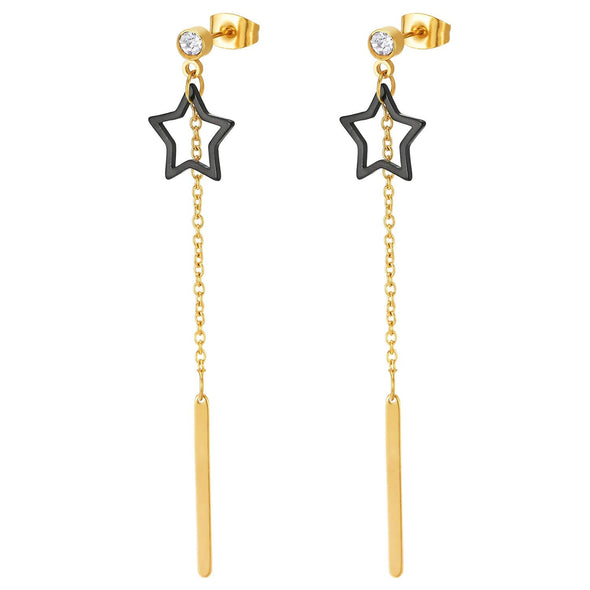 Steel Cubic Zirconia Stud Earrings Dangling Star, Long Chain Rectangle Stick, Black Gold - COOLSTEELANDBEYOND Jewelry