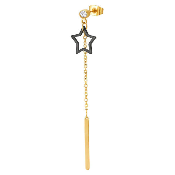 Steel Cubic Zirconia Stud Earrings Dangling Star, Long Chain Rectangle Stick, Black Gold - COOLSTEELANDBEYOND Jewelry