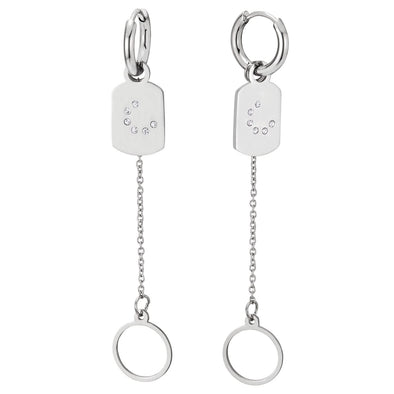 Steel Huggie Hinged Hoop Earrings with Dangling Charm of Cubic Zirconia, Long Chain and Open Circle - COOLSTEELANDBEYOND Jewelry