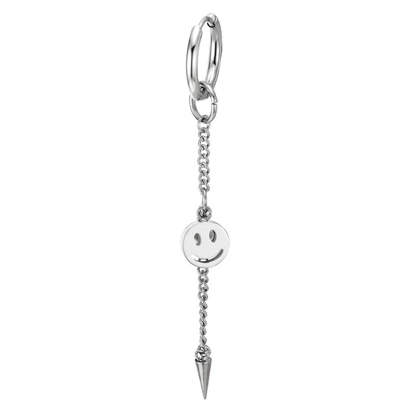 Steel Huggie Hinged Hoop Earrings With Dangling Curb Chain Spiked Cone, Open Circle & Smiling Face