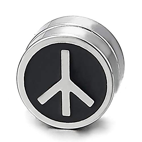 Steel Magnetic Anti-War Peace Sign Circle Stud Earring Black Enamel, Non-Piercing Cheater Fake Ear - coolsteelandbeyond