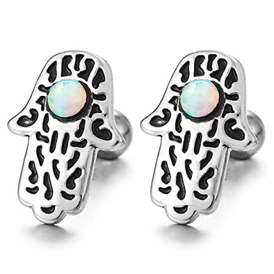 Steel Men Womens Hamsa Hand of Fatima Stud Earrings with Gem Stone Bead Screw Back - COOLSTEELANDBEYOND Jewelry