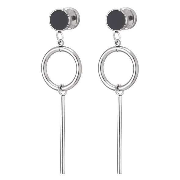Steel Mens Women Black Enamel Circle Stud Earrings Dangling Open Circles Long Stick Bar, Screw Back - COOLSTEELANDBEYOND Jewelry