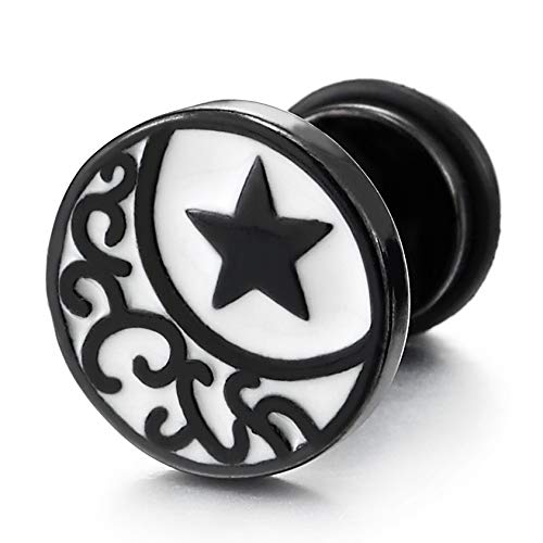 Steel Tribal Tattoo Graphic Crescent Moon Star Circle Stud Earrings, White Black Enamel, Screw Back