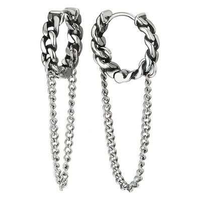 Steel Vintage Tribal Curb Chain Wreath Huggie Hinged Hoop Earrings with Dangling Chain, Mens Womens - COOLSTEELANDBEYOND Jewelry