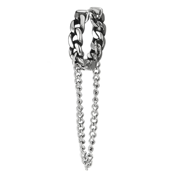 Steel Vintage Tribal Curb Chain Wreath Huggie Hinged Hoop Earrings with Dangling Chain, Mens Womens