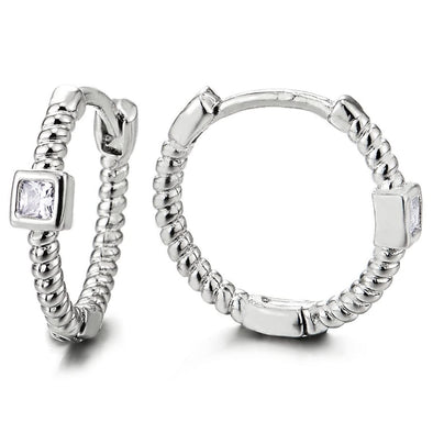 Steel Wire Circle with Square of Cubic Zirconia Huggie Hinged Hoop Earrings for Men Women, 2pcs - COOLSTEELANDBEYOND Jewelry