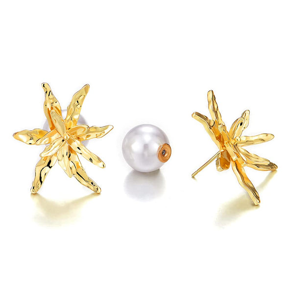Striking Firework Flower Petals Gold Color Statement Stud Earrings with Pearl Two-layers Stud - COOLSTEELANDBEYOND Jewelry