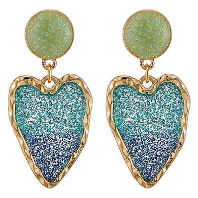 Striking Rose Gold Circle Heart Statement Drop Dangle Stud Earrings with Blue Green Enamel - COOLSTEELANDBEYOND Jewelry