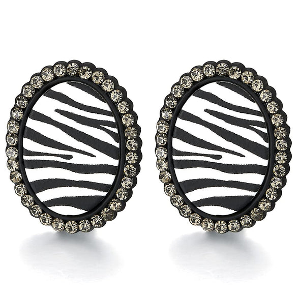 Stylish Black Oval Statement Stud Earrings with Zebra Stripes Print and Grey Cubic Zirconia Party