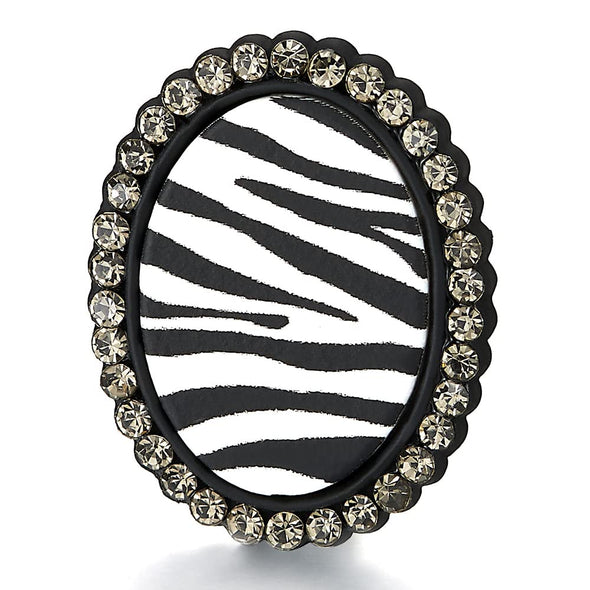 Stylish Black Oval Statement Stud Earrings with Zebra Stripes Print and Grey Cubic Zirconia Party