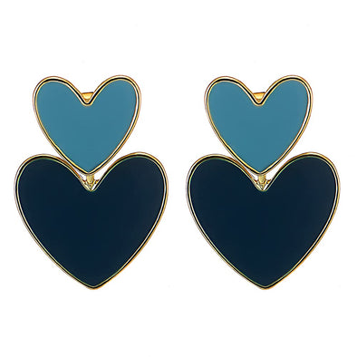 Stylish Double Hearts Gold Color Statement Drop Dangle Stud Earrings with Blue Enamel - COOLSTEELANDBEYOND Jewelry