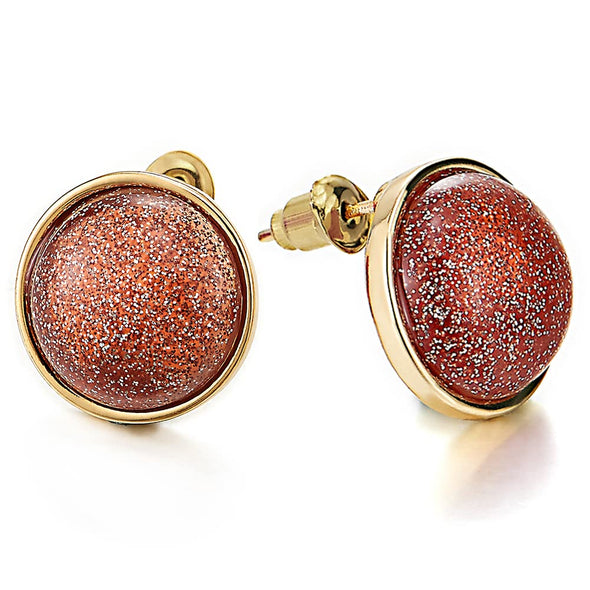 Stylish Gold Color Circle Stud Earrings with Glitter Sand Gem Stone - COOLSTEELANDBEYOND Jewelry