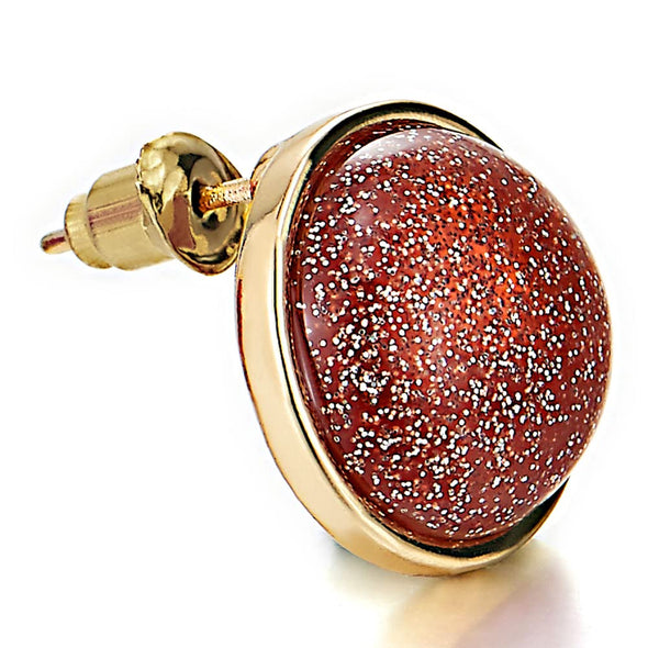 Stylish Gold Color Circle Stud Earrings with Glitter Sand Gem Stone - COOLSTEELANDBEYOND Jewelry