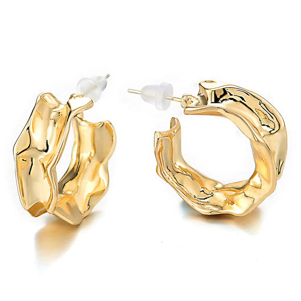 Stylish Gold Color Irregular Concave Grooved Circles Statement Hoop Huggie Hinged Stud Earrings - COOLSTEELANDBEYOND Jewelry