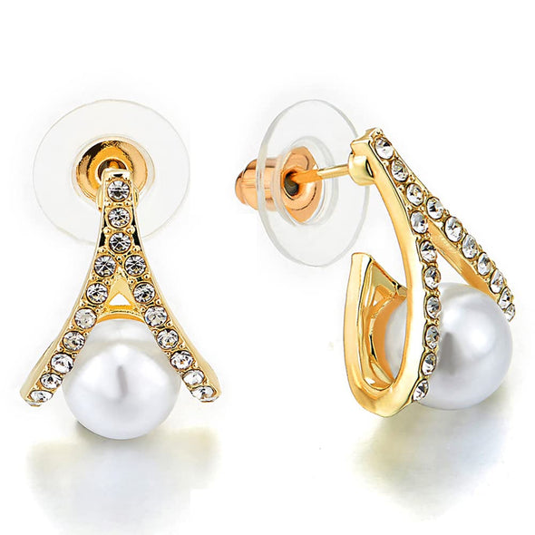 Stylish Gold Color Rolled Up Rhombus Stud Earrings with Pearl and Rhinestone - COOLSTEELANDBEYOND Jewelry