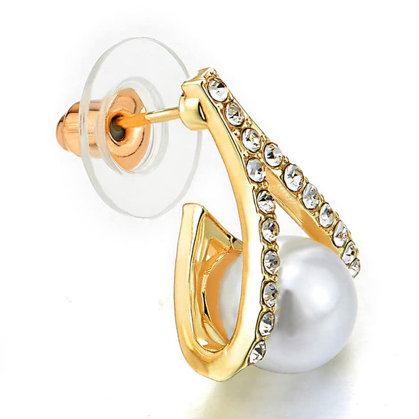 Stylish Gold Color Rolled Up Rhombus Stud Earrings with Pearl and Rhinestone - COOLSTEELANDBEYOND Jewelry