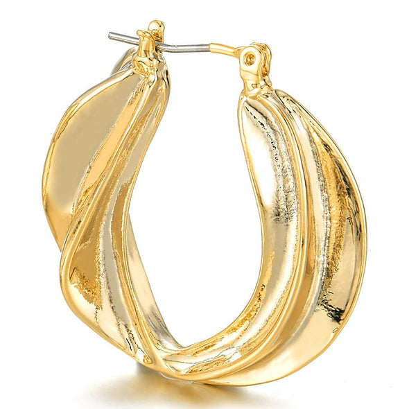 Stylish Gold Color Statement Earrings Irregular Grooved Circles Large Huggie Hinged Hoop, Party Prom - COOLSTEELANDBEYOND Jewelry