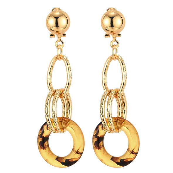 Stylish Large Gold Statement Earrings Open Ovals Resin Circle Link Long Drop Dangle, Dress Prom - COOLSTEELANDBEYOND Jewelry