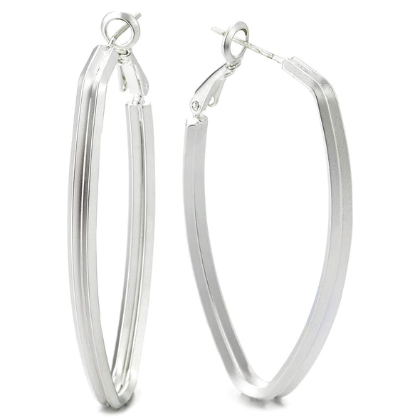 Stylish Large Matt Silver Statement Earrings Grooved Oval Huggie Hinged Hoop, Dress Party Event Prom - COOLSTEELANDBEYOND Jewelry